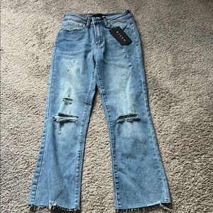 High rise vintage wash straight leg denim jeans